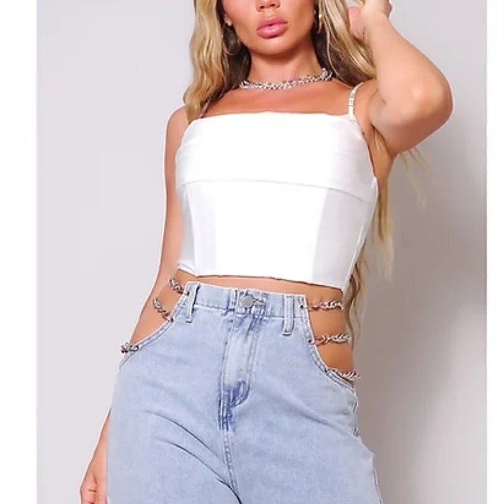 CEFIAN Fashion Women’s Pure Bliss Ice White Crop Top Rhinestone Straps